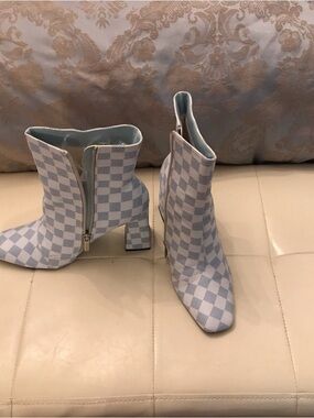 Light Blue Checkered Women’s Ankle Boots with Block Heel